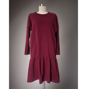 Korean Women's Wine Crewneck Fleece Loose-fit Long Sleeve Mid Sweater dress